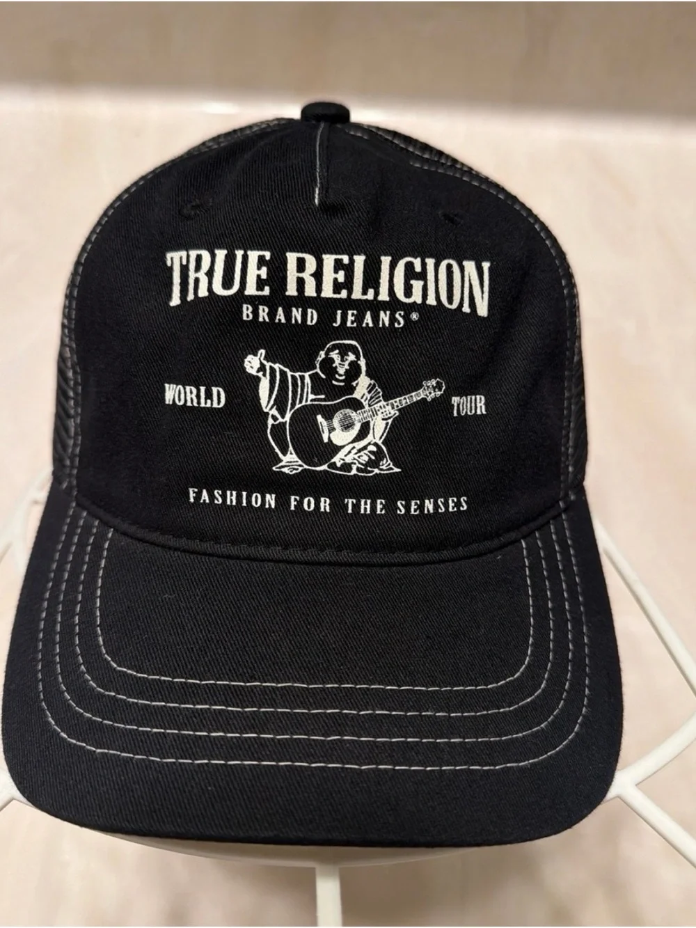 True Religion Black Cap with White Logo Guitar Graphic